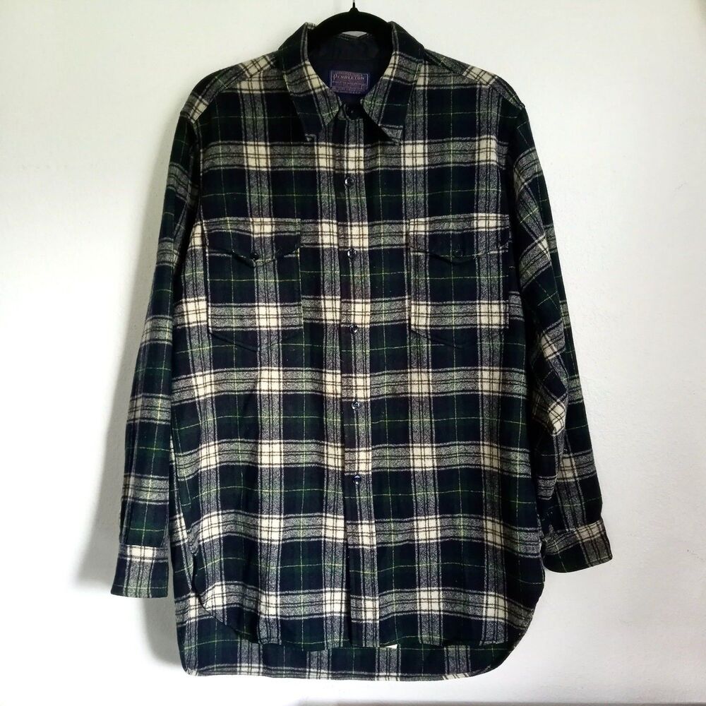 Vintage Pendleton Plaid Button Up Wool Shirt L XL Blue Green Shacket Long Sleeve